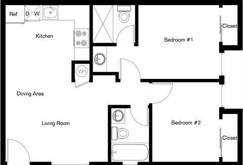 A floor plan of a home with a kitchen, dining area, living room, and two bedrooms.